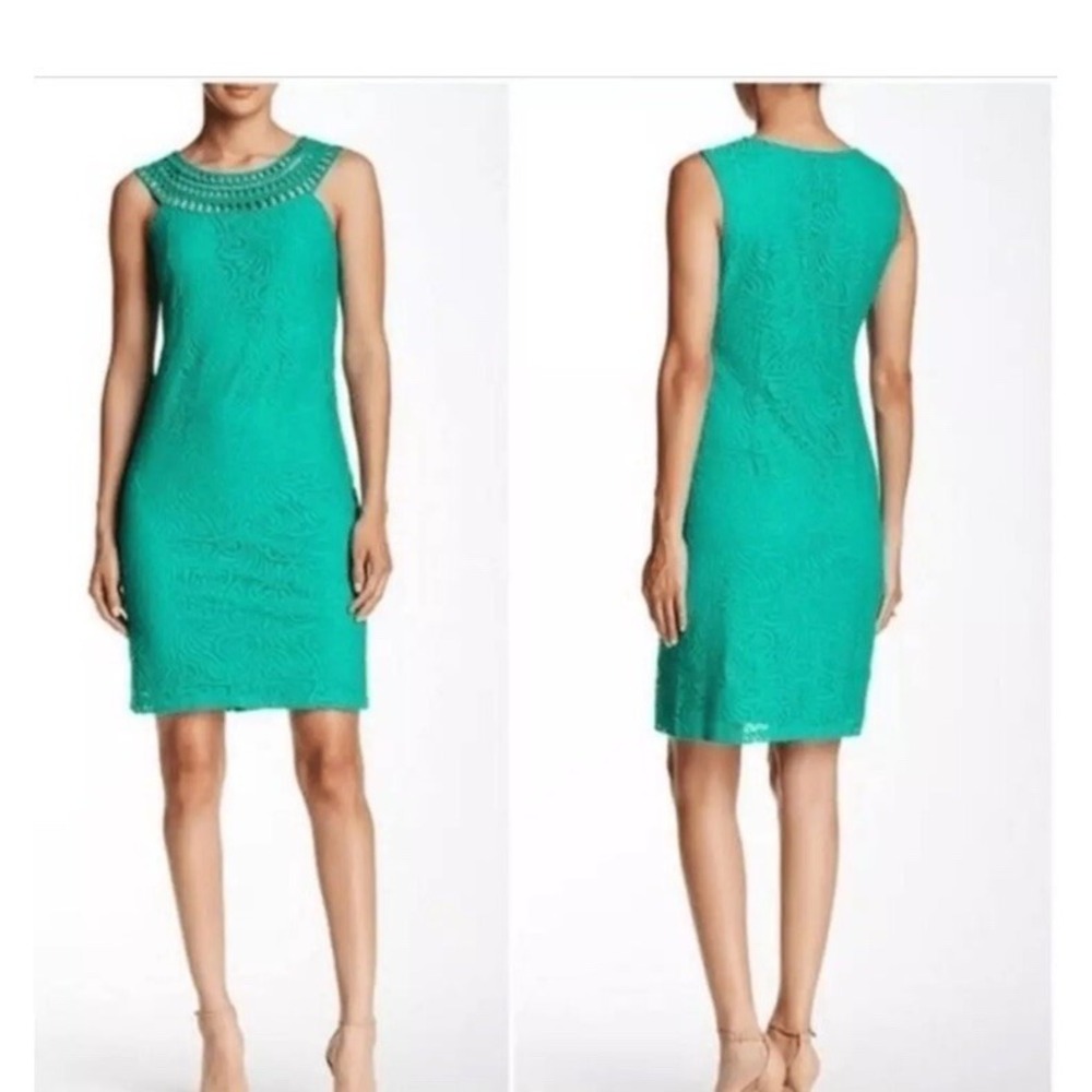 Eliza J Teal Green Crochet High Neck Lace Overlay Shift Dress New Nwt 12